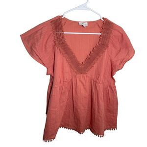 True Craft Blouse Women's Large Pink V-Neck Short Sleeve Boho Lace Top Casual